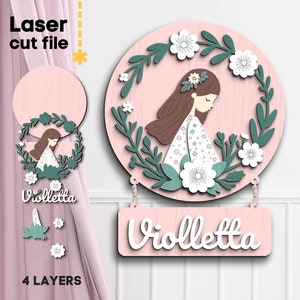 Girl Baby Name Sign SVG. Laser cut file for Glowforge, Girl Name Tag Flowers Nursery Decor Round Sign, Svg Dxf Ai Pdf Cdr, INSTANT DOWNLOAD