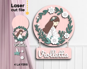 Girl Baby Name Sign SVG. Laser cut file for Glowforge, Girl Name Tag Flowers Nursery Decor Round Sign, Svg Dxf Ai Pdf Cdr, INSTANT DOWNLOAD