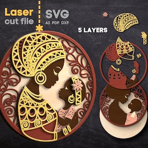 アフリカの母親 SVG。Glowforge 用レーザーカット ファイル、母の日のギフト、ママと子供、ママの丸いサイン、SVG Dxf Ai Pdf Cdr、即時ダウンロード