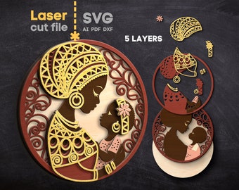 African Mother SVG. Laser cut file for Glowforge, Mother's Day Gift, Mom and child, Mum Round Sign, Svg Dxf Ai Pdf Cdr, INSTANT DOWNLOAD