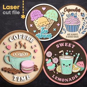Snoep SVG-bundel. Lasergesneden bestand voor Glowforge, Ice Cream Cupcake Coffee Candy Lemonade Round Sign, Svg Dxf Ai Pdf Cdr, INSTANT DOWNLOAD