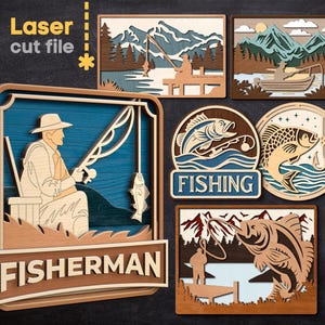 Fishing SVG Bundle. Laser cut file for Glowforge, Nature Fisherman Fish Hook Mountains Lake Forest, Svg Dxf Ai Pdf Cdr, INSTANT DOWNLOAD