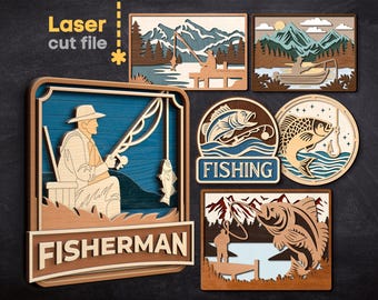 May include: Laser cut file designs for a fisherman themed decor. The designs include a fisherman with a fishing rod, a fish jumping out of the water, and the word "FISHERMAN".