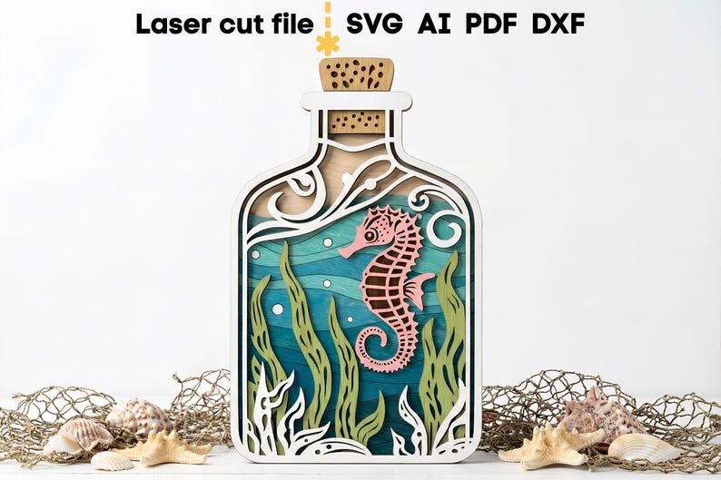 Lot de bouteilles de mer SVG. Fichier découpé au laser pour Glowforge, océan poisson dauphin hippocampe ancre navire sirène, Svg Dxf Ai Pdf Cdr, téléchargement immédiat image 3