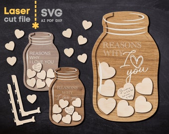 Reward jar SVG. Laser cut file for Glowforge.  Reasons Why I Love You Valentine's day heart Svg Dxf Ai Pdf Cdr INSTANT DOWNLOAD