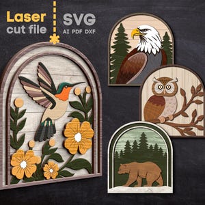 Pacchetto SVG animali. File tagliato al laser per Glowforge, Natura Orso Gufo reale Colibrì Foresta Fiori, Svg Dxf Ai Pdf Cdr, DOWNLOAD IMMEDIATO