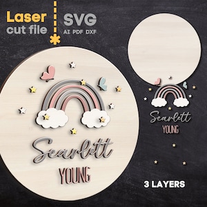 Tęczowy znak z imieniem dziecka SVG. Plik wycinany laserowo dla Glowforge, ustaw nazwę przedszkola okrągły znak, Baby Boy Girl SVG DXF AI Pdf Cdr, Instant Download