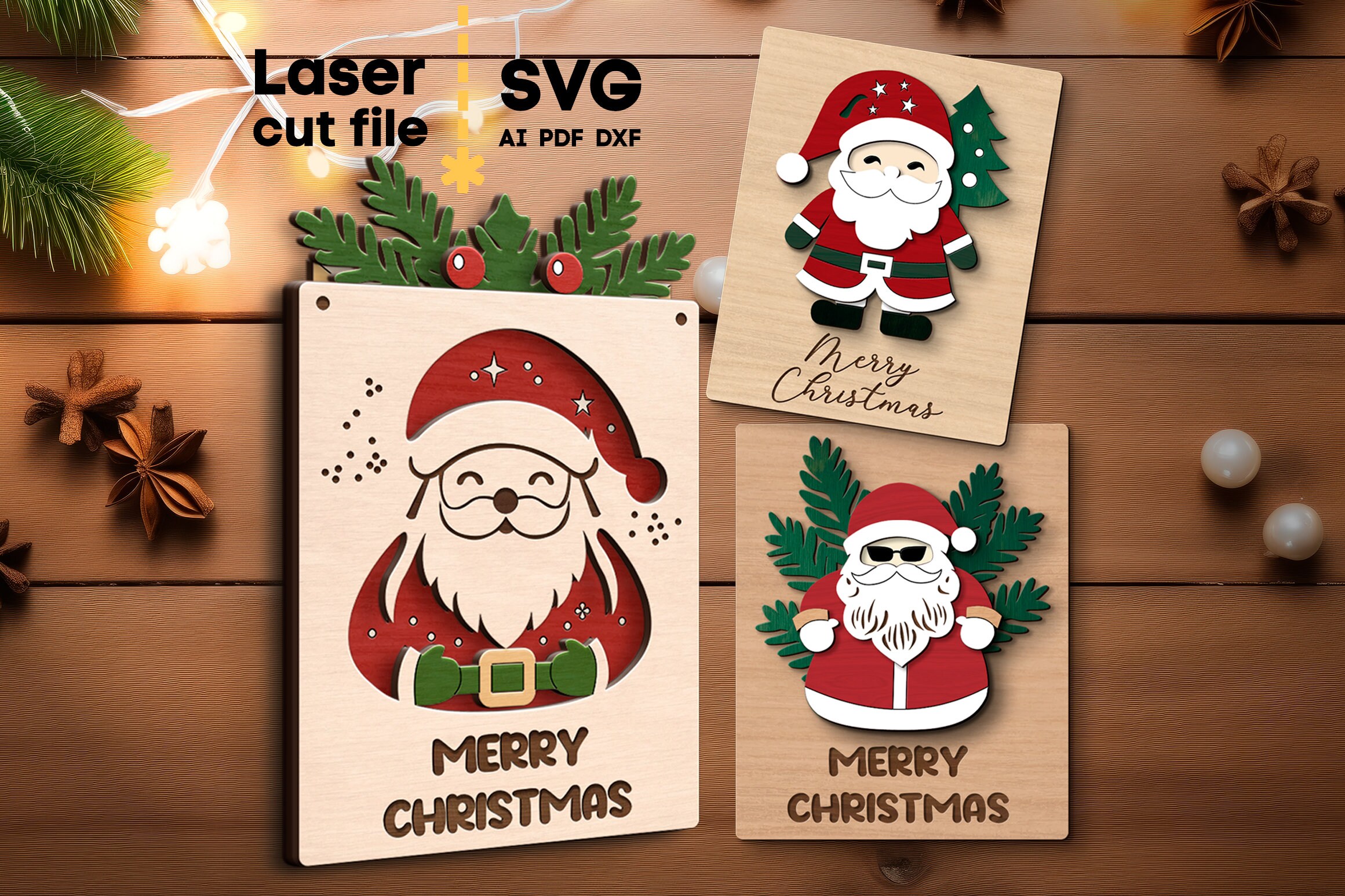 Santa Claus Card SVG Bundle. Laser Cut File for Glowforge, Merry ...