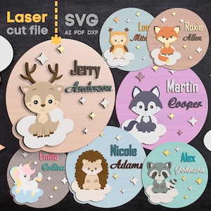 Baby Namensschild SVG Bundle. Laser geschnittene Datei für Glowforge, Set Kinderzimmer Name rundes Zeichen, Baby Boy Girl, SVG Dxf Ai Pdf Cdr, SOFORTIGER DOWNLOAD