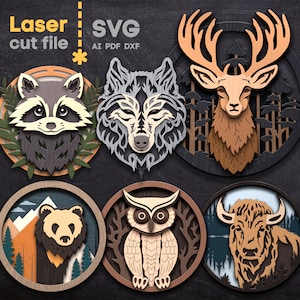 Ensemble SVG Animaux de la forêt. Fichier découpé au laser pour Glowforge, signes ronds de loup raton laveur panda hibou Bison cerf, Svg Dxf Ai Pdf Cdr, téléchargement immédiat