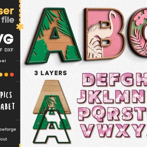 Tropisches Alphabet SVG. Lasercut Datei für Glowforge Cricut, Flamingo Buchstaben Buchstaben Monogramme Wirbel Svg Dxf Ai Pdf CDR INSTANT DOWNLOAD