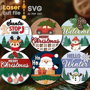 Pakiet Merry Christmas SVG. Plik wycinany laserowo dla Glowforge, Santa Deer Snowman Car Christmas Tree Round Sign, Svg Dxf Ai Pdf NATYCHMIASTOWE POBIERANIE