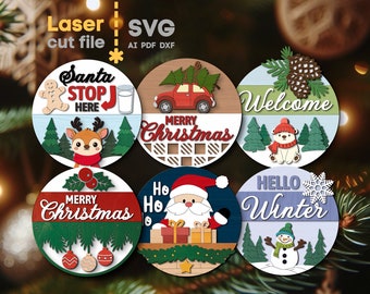 May include: Six round wooden ornaments with various Christmas themes. The ornaments feature a reindeer, Santa Claus, a snowman, a car with a Christmas tree on top, and the words "Merry Christmas", "Welcome", "Hello Winter", and "Santa Stop Here".