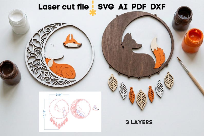 Dream Catcher SVG Bundle. Laser cut file for Glowforge, Owl Fox Leaves Heart Moon Sign Wall Decor, Svg Dxf Ai Pdf Cdr, INSTANT DOWNLOAD image 3