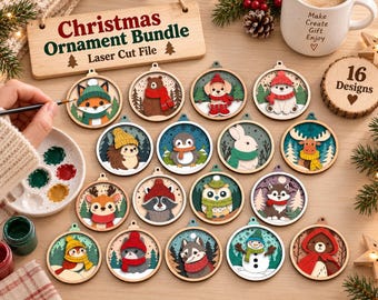 Peut inclure: Un ensemble de 16 décorations de Noël circulaires en bois avec des motifs d'animaux découpés au laser, incluant un renard, un ours, un chiot, un ours polaire, un hérisson, un pingouin, un lapin, un élan, un cerf, un raton laveur, un hibou, un husky, un bonhomme de neige et un chat, portant des accessoires d'hiver.