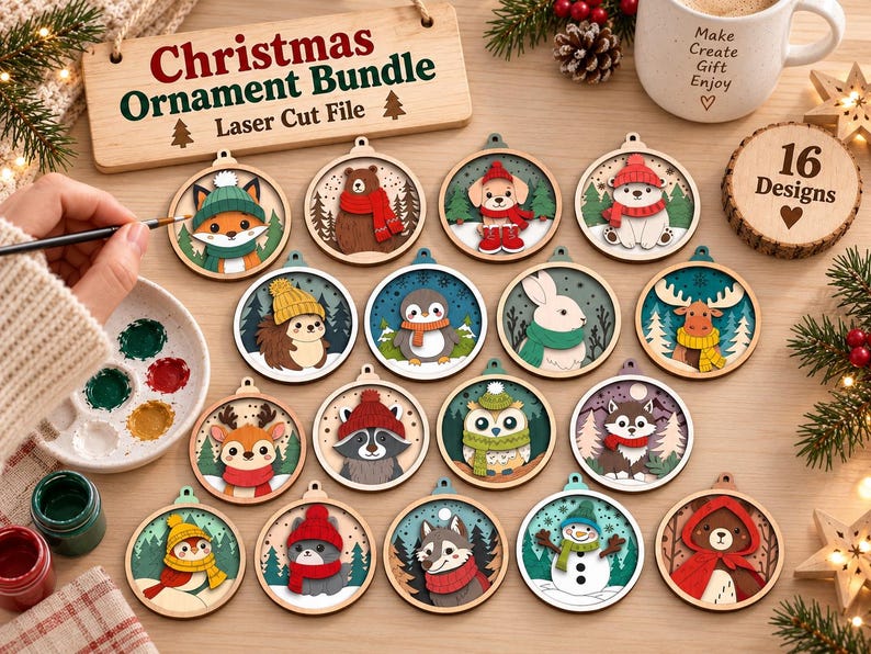 May include: A collection of 16 circular wooden Christmas ornaments featuring laser-cut animal designs including a fox, bear, puppy, polar bear, hedgehog, penguin, rabbit, moose, deer, raccoon, owl, husky, snowman, and cat, all wearing winter accessories.