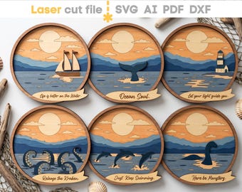 Ocean SVG Bundle. Laser cut file for Glowforge, Lighthouse Whale Dolphin Ship Kraken Loch Ness Monster, Svg Dxf Ai Pdf Cdr, INSTANT DOWNLOAD