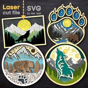 Wolf & Bear SVG-bundel. Lasergesneden bestand voor Glowforge, Bear Paw Mountains Forest Moon Nature Round Sign, Svg Dxf Ai Pdf Cdr, INSTANT DOWNLOAD