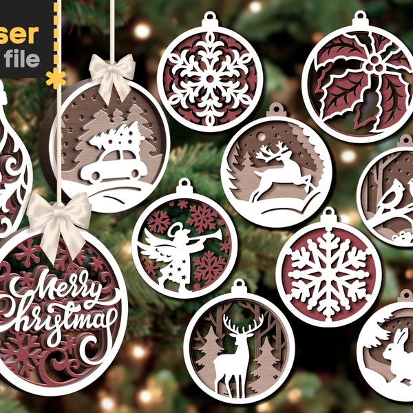 Christmas Tree Toys SVG Bundle Laser cut file for Glowforge Ball with Deer Bear Forest Mountains Merry Christmas Ornament INSTANT DOWNLOAD