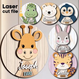 Pacchetto SVG per cartelli con nome del bambino. File tagliato al laser per Glowforge, Cartello rotondo per bambini con simpatici animali, giraffa e tigre, Svg Dxf Ai Pdf Cdr, DOWNLOAD IMMEDIATO