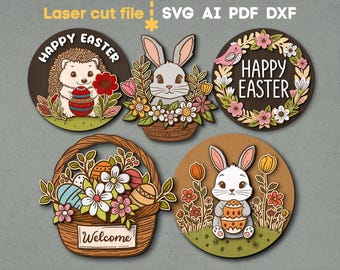 Happy Easter SVG Bundle. Laser cut file for Glowforge, Rabbit Egg Hedgehog Spring Basket Flowers Welcome Svg Dxf Ai Pdf Cdr INSTANT DOWNLOAD