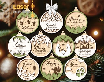クリスマスツリーのおもちゃ SVG バンドル。Glowforge 用レーザーカット ファイル、聖夜の降誕天使の赤ちゃんイエスの飾り、SVG Dxf Ai Pdf 即時ダウンロード