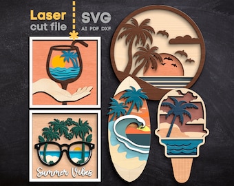 Summer Vibes SVG Bundle. Laser cut file for Glowforge, Palm Cocktail Ocean Waves Sun Beach Surfboard Sunset, Svg Dxf Ai Pdf INSTANT DOWNLOAD