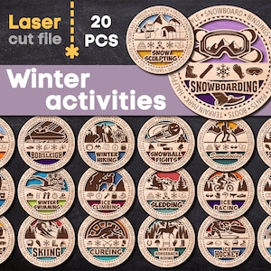20 Winter Activities SVG Bundle. Laser cut file for Glowforge, Winter Sports Medals, Ice Fishing Skiing, Svg Dxf Ai Pdf Cdr INSTANT DOWNLOAD