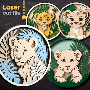 Pacchetto SVG Baby Lions. File tagliato al laser per Glowforge, Little Lion, Tropical Leaves, Nursery Round Sign, Svg Dxf Ai Pdf Cdr, DOWNLOAD IMMEDIATO