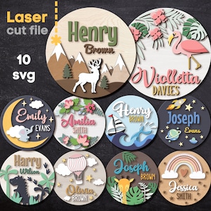 Pacchetto SVG con nome del bambino. File tagliato al laser per Glowforge, Set Nursery Round Sign Animals, Baby Boy Girl, Svg Dxf Ai Pdf Cdr, DOWNLOAD IMMEDIATO