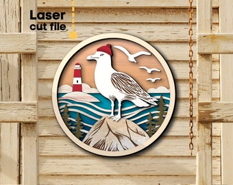 Seagull SVG. Laser cut file for Glowforge, Ocean, Sea, Lighthouse, Waves, Trees, Forest, Round Sign, Svg Dxf Ai Pdf Cdr INSTANT DOWNLOAD