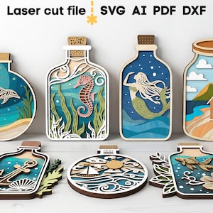 Lot de bouteilles de mer SVG. Fichier découpé au laser pour Glowforge, océan poisson dauphin hippocampe ancre navire sirène, Svg Dxf Ai Pdf Cdr, téléchargement immédiat image 2