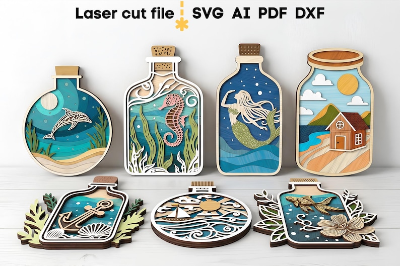 Lot de bouteilles de mer SVG. Fichier découpé au laser pour Glowforge, océan poisson dauphin hippocampe ancre navire sirène, Svg Dxf Ai Pdf Cdr, téléchargement immédiat image 2