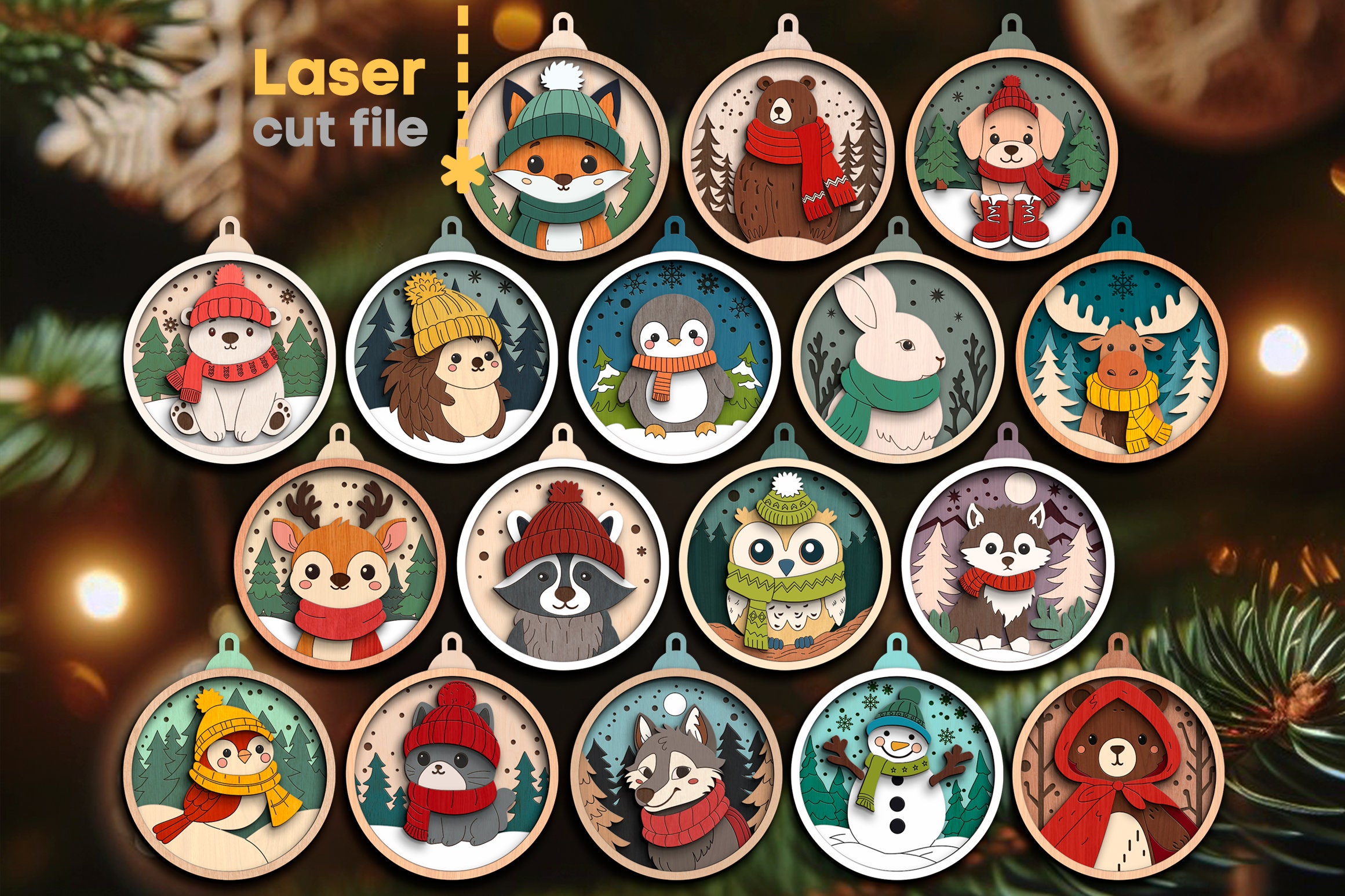 クリスマスツリーのおもちゃ SVG バンドル。Glowforge 用のレーザーカット ファイル。冬の森の動物キツネウサギクリスマスボール、SVG Dxf Ai Pdf 即時ダウンロード