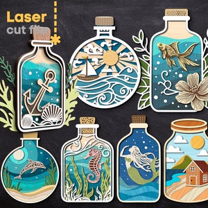 Paquete SVG de botellas de mar. Archivo cortado por láser para Glowforge, Ocean Fish Dolphin Sea Horse Anchor Ship Mermaid, Svg Dxf Ai Pdf Cdr, DESCARGA INSTANTÁNEA