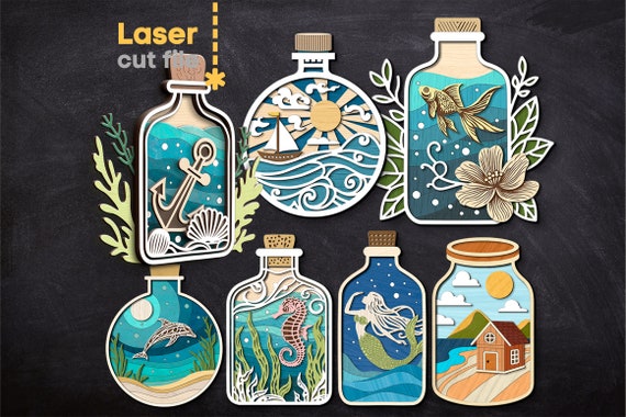 Sea Bottles SVG Bundle. Laser cut file for Glowforge, Ocean Fish Dolphin Sea Horse Anchor Ship Mermaid, Svg Dxf Ai Pdf Cdr, INSTANT DOWNLOAD