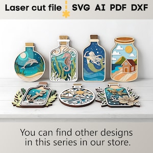 Lot de bouteilles de mer SVG. Fichier découpé au laser pour Glowforge, océan poisson dauphin hippocampe ancre navire sirène, Svg Dxf Ai Pdf Cdr, téléchargement immédiat image 10