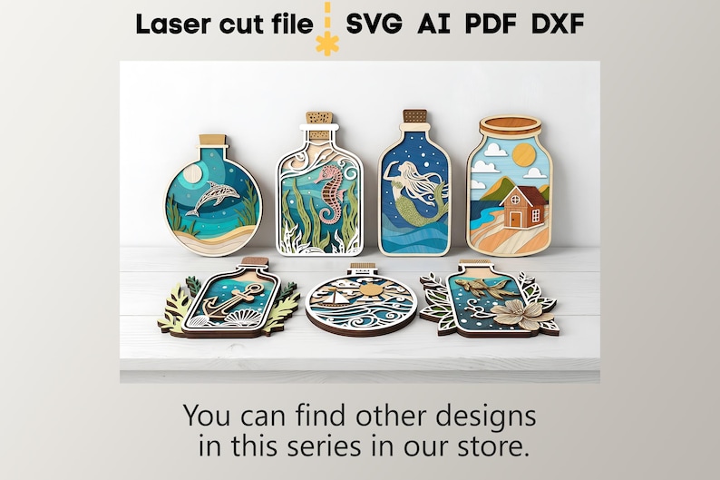 Lot de bouteilles de mer SVG. Fichier découpé au laser pour Glowforge, océan poisson dauphin hippocampe ancre navire sirène, Svg Dxf Ai Pdf Cdr, téléchargement immédiat image 10