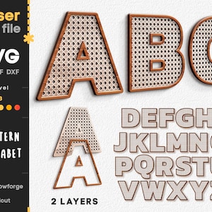 Op de afbeelding: Een lasergesneden lettertype in een geweven patroon. De letters zijn bruin met een wit geweven patroon. De letters A, B en C worden in de bovenste rij weergegeven, en de rest van het alfabet wordt in de onderste rij weergegeven. De tekst "2 LAYERS" wordt onder het alfabet weergegeven.