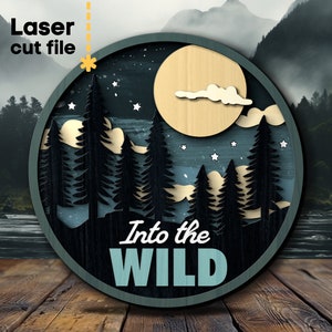 Foresta notturna SVG. File tagliato al laser per Glowforge, Wild Woods Moon Star Nature Trees Camping Round Sign, Svg Dxf Ai Pdf Cdr, DOWNLOAD immediato