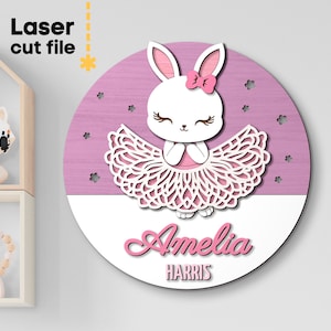Sinal do nome do bebê SVG. Arquivo de corte a laser para Glowforge, placa redonda de decoração de berçário de coelho fofo, bebê menino menina, Svg Dxf Ai Pdf Cdr, DOWNLOAD INSTANTÂNEO