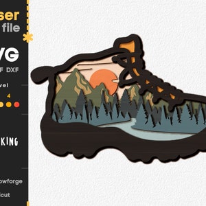Camping SVG. Laserskuren fil för Glowforge, stövel, hög sko, eld, brasa, tält, berg, läger, natur, skog, Svg Dxf Ai Pdf Cdr, DIREKT NEDLADDNING bild 1