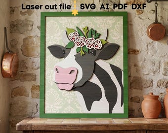 Kuh SVG. Laser geschnitten Datei für Glowforge, Bauernhof Tier Blumen Bauernhaus rustikale Dekor Wandmalerei, svg Dxf Ai pdf Cdr, SOFORTIGER DOWNLOAD