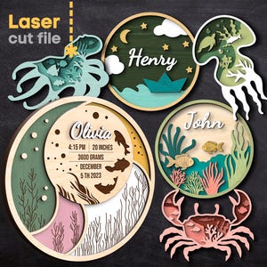 Baby Namen Zeichen SVG Bundle. Laser geschnitten Datei für Glowforge, Sea Life Birth Stats Krabbe Kindergarten Runde Schild, svg dxf ai pdf Cdr, SOFORT DOWNLOAD