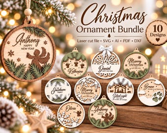 May include: A collection of ten circular wooden Christmas ornaments featuring laser-cut designs including angels, snowflakes, and nativity scenes. The text includes names like Anthony, Katherine, Daniel, and phrases such as Merry Christmas and Happy New Year.