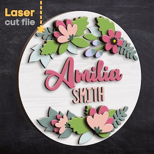 Blumen Baby Namensschild SVG. Laser geschnitten Datei für Glowforge, Kinderzimmer rundes Namensschild, Baby Mädchen, Junge Mädchen, Dxf Ai Pdf Cdr, SOFORTIGER DOWNLOAD