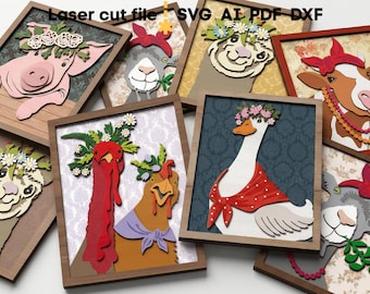 Paquete de archivos SVG de animales de granja. Archivo de corte láser para Glowforge: cabra, vaca, cerdo, caballo, llama, decoración rústica de granja. Formatos: SVG, DXF, AI, PDF, CDR. Descarga instantánea.