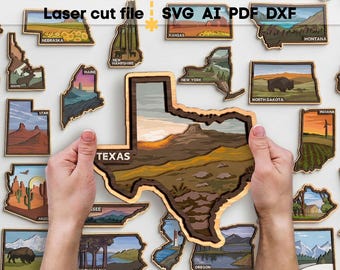 50 American States Bundle SVG. Laser cut file for Glowforge, USA Texas New York California Wall Painting Svg Dxf Ai Pdf Cdr INSTANT Download