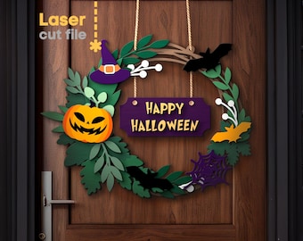 Halloween SVG. Laser cut file for Glowforge, Fall Spooky Wreath Pumpkin Bat Witch Hat Welcome Door Sign, Svg Dxf Ai Pdf Cdr INSTANT DOWNLOAD