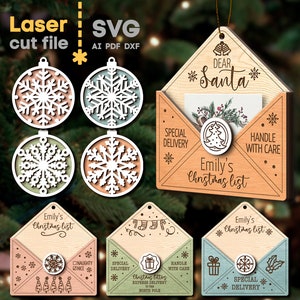 Paquete SVG de juguetes de árbol de Navidad. Archivo cortado por láser para Glowforge. Carta de sobre de Navidad a Santa Feliz Navidad Adorno DESCARGA INSTANTE